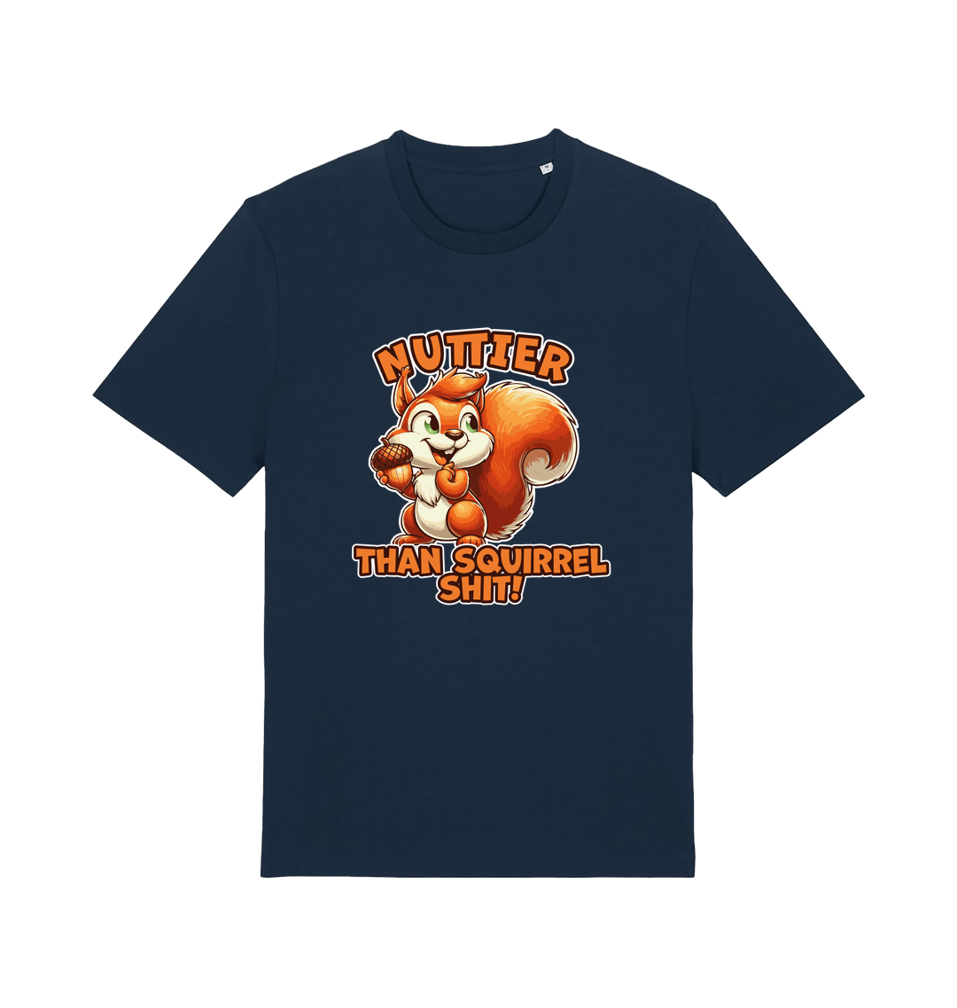navy funny animal t-shirt with the graphic of a squirrel and the slogan 'nuttier than squirrel shit'