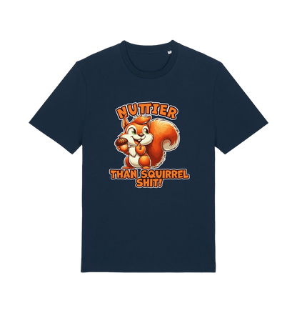 navy funny animal t-shirt with the graphic of a squirrel and the slogan 'nuttier than squirrel shit'