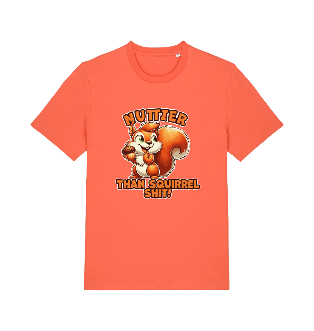 orange funny animal t-shirt with the graphic of a squirrel and the slogan 'nuttier than squirrel shit'