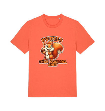 orange funny animal t-shirt with the graphic of a squirrel and the slogan 'nuttier than squirrel shit'