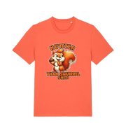 orange funny animal t-shirt with the graphic of a squirrel and the slogan 'nuttier than squirrel shit'