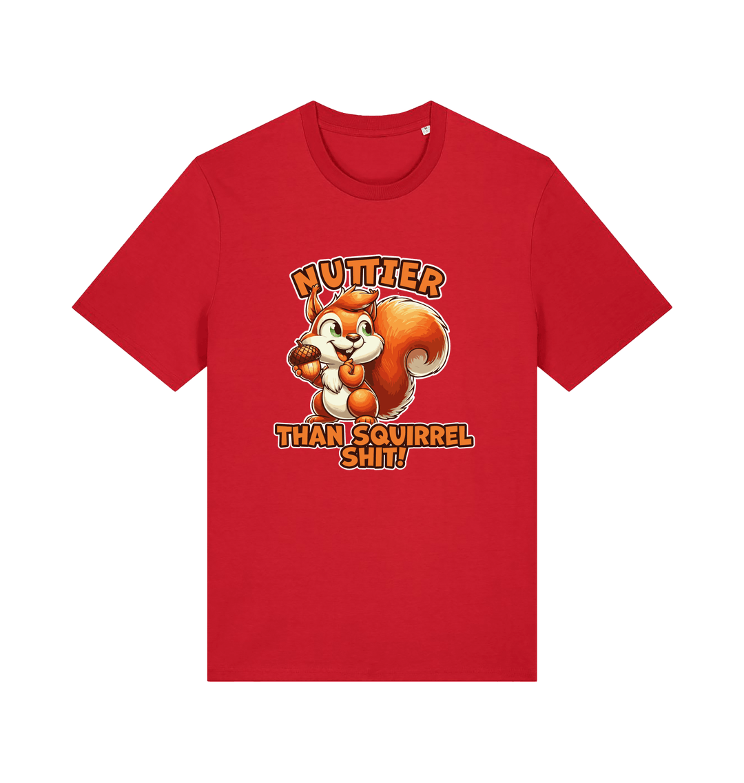 red funny animal t-shirt with the graphic of a squirrel and the slogan 'nuttier than squirrel shit'