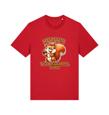 red funny animal t-shirt with the graphic of a squirrel and the slogan 'nuttier than squirrel shit'