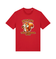 red funny animal t-shirt with the graphic of a squirrel and the slogan 'nuttier than squirrel shit'
