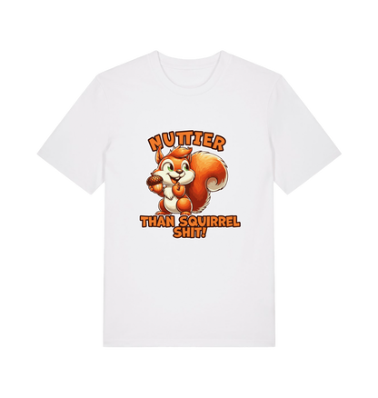 white funny animal t-shirt with the graphic of a squirrel and the slogan 'nuttier than squirrel shit'