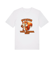 white funny animal t-shirt with the graphic of a squirrel and the slogan 'nuttier than squirrel shit'