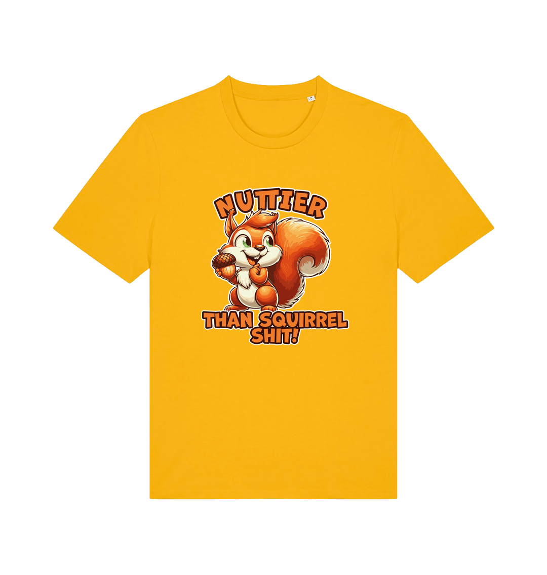 yellow funny animal t-shirt with the graphic of a squirrel and the slogan 'nuttier than squirrel shit'