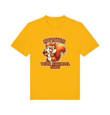 yellow funny animal t-shirt with the graphic of a squirrel and the slogan 'nuttier than squirrel shit'