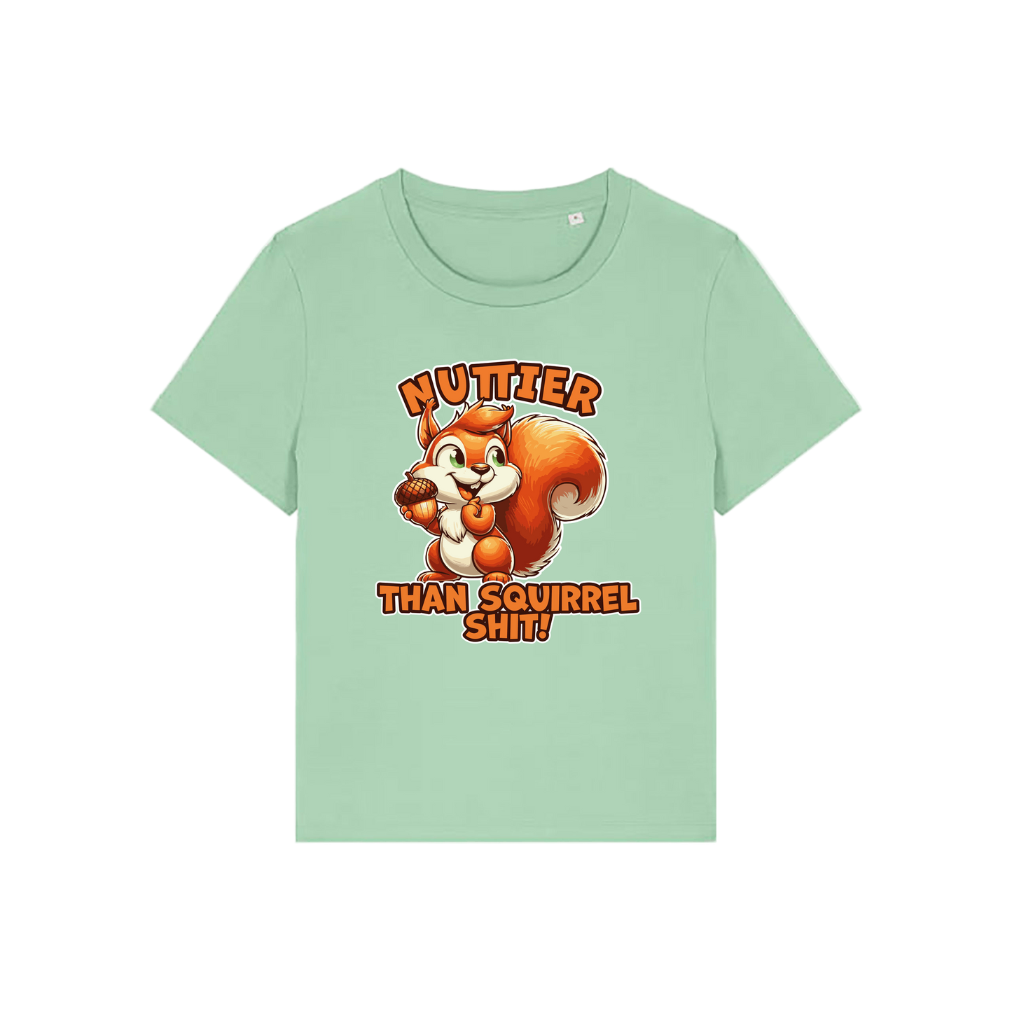 green funny animal t-shirt with the graphic of a squirrel and the slogan 'nuttier than squirrel shit'