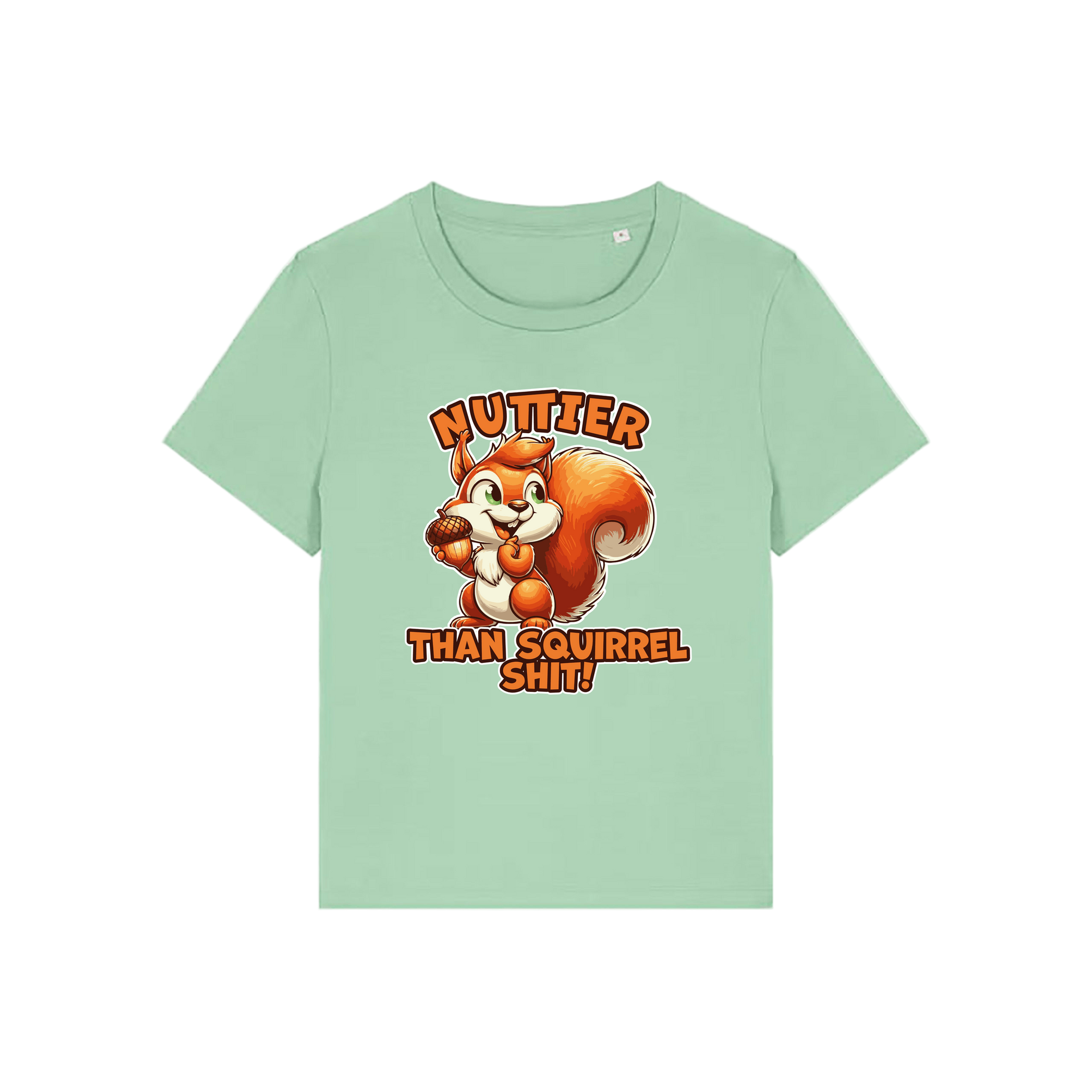 green funny animal t-shirt with the graphic of a squirrel and the slogan 'nuttier than squirrel shit'