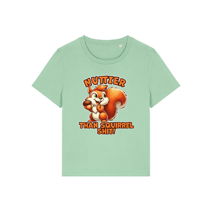 green funny animal t-shirt with the graphic of a squirrel and the slogan 'nuttier than squirrel shit'