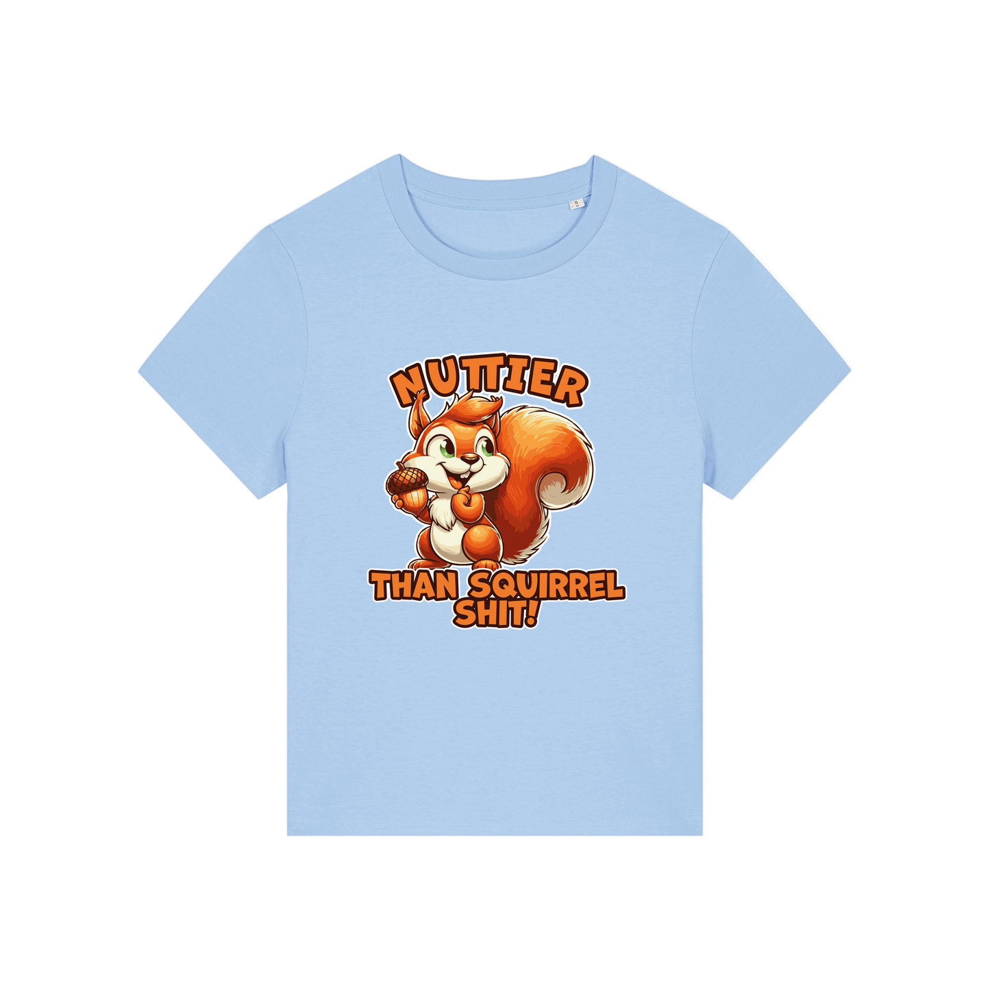 light blue funny animal t-shirt with the graphic of a squirrel and the slogan 'nuttier than squirrel shit'