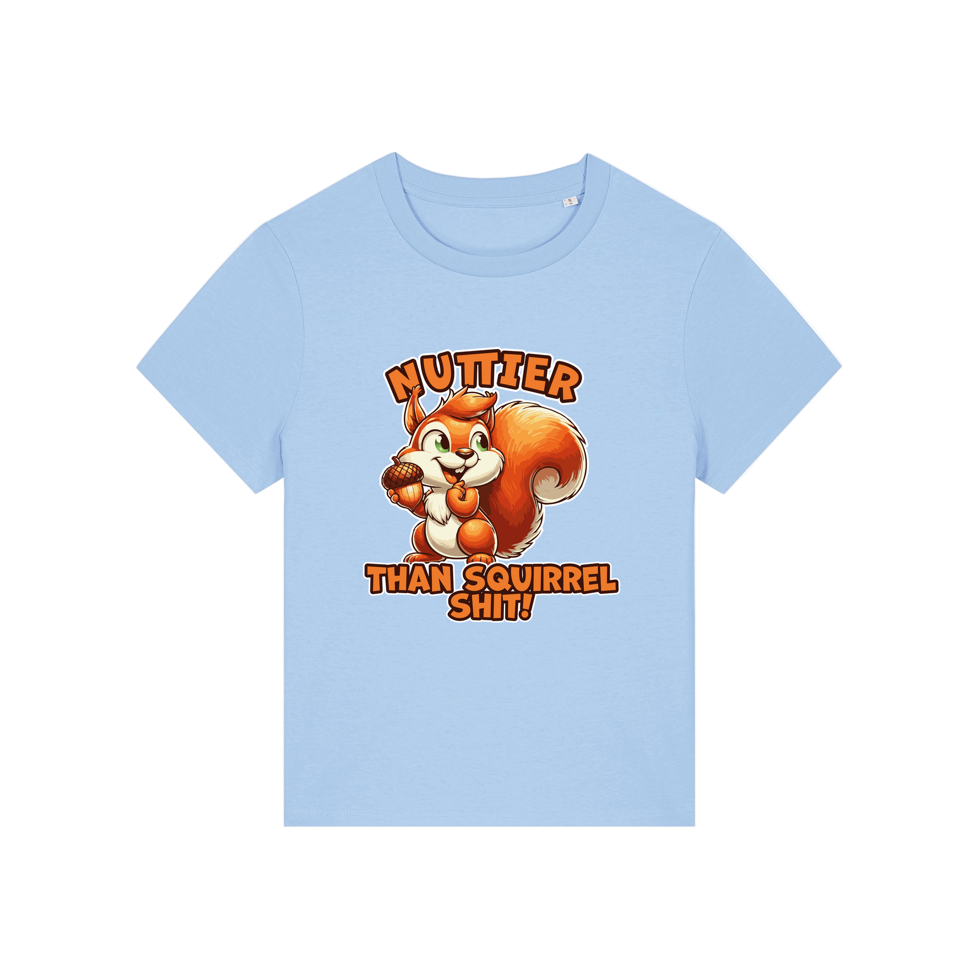 light blue funny animal t-shirt with the graphic of a squirrel and the slogan 'nuttier than squirrel shit'