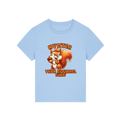 light blue funny animal t-shirt with the graphic of a squirrel and the slogan 'nuttier than squirrel shit'
