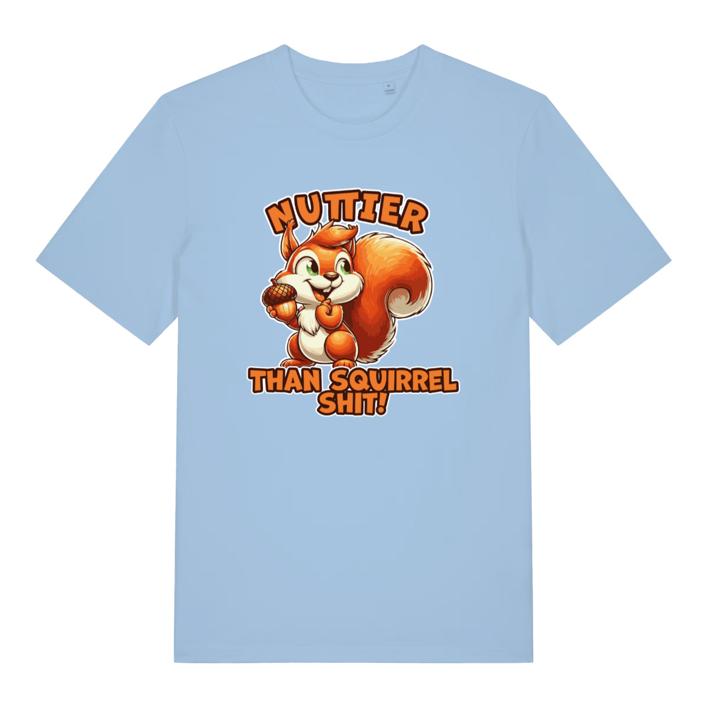 light blue women's funny animal t-shirt with the graphic of a squirrel and the slogan 'nuttier than squirrel shit'
