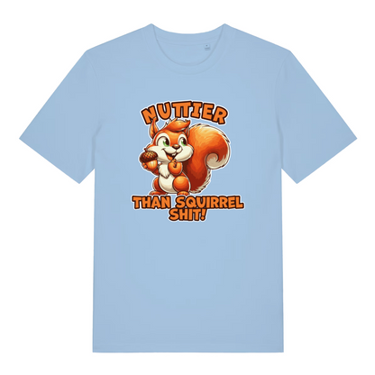 light blue women's funny animal t-shirt with the graphic of a squirrel and the slogan 'nuttier than squirrel shit'