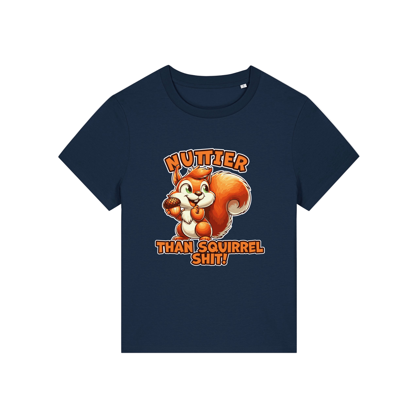 navy funny animal t-shirt with the graphic of a squirrel and the slogan 'nuttier than squirrel shit'