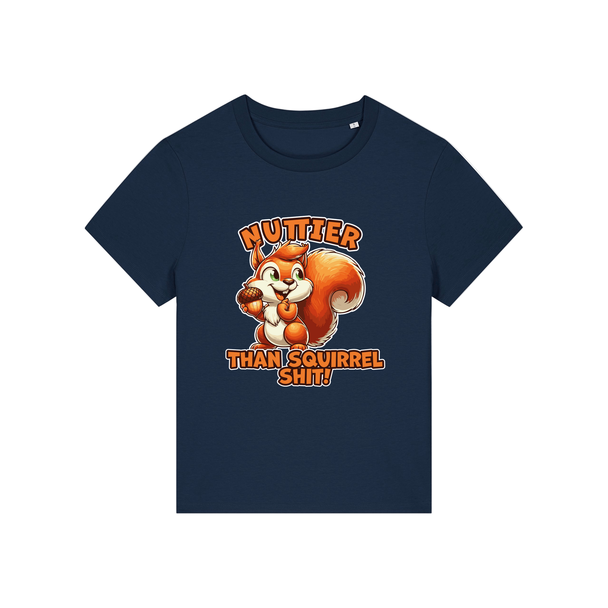navy funny animal t-shirt with the graphic of a squirrel and the slogan 'nuttier than squirrel shit'