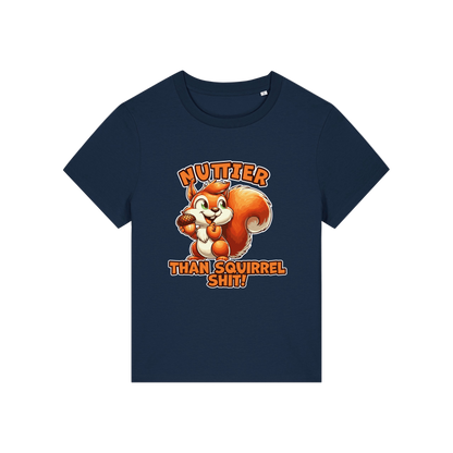 navy funny animal t-shirt with the graphic of a squirrel and the slogan 'nuttier than squirrel shit'