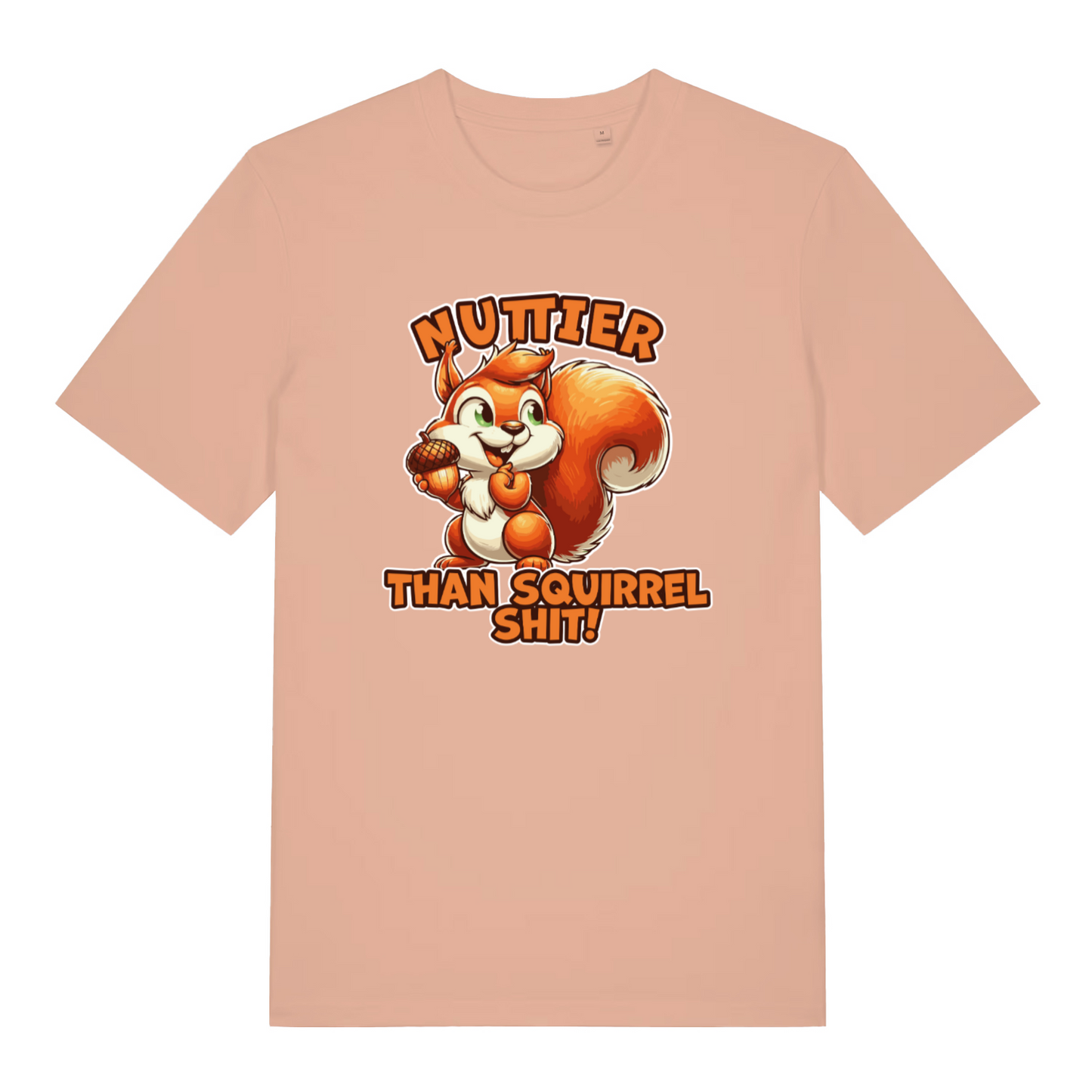 peach women's funny animal t-shirt with the graphic of a squirrel and the slogan 'nuttier than squirrel shit'