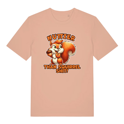 peach women's funny animal t-shirt with the graphic of a squirrel and the slogan 'nuttier than squirrel shit'