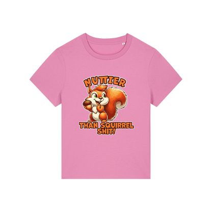 pink funny animal t-shirt with the graphic of a squirrel and the slogan 'nuttier than squirrel shit'