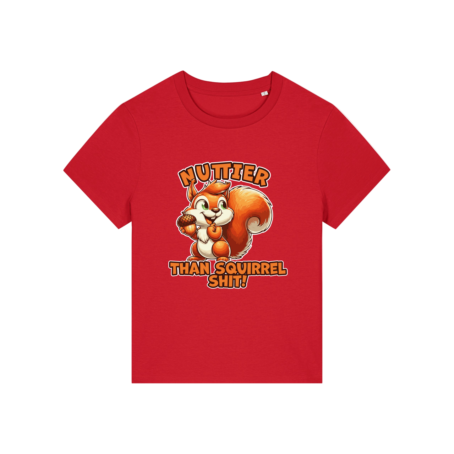 red funny animal t-shirt with the graphic of a squirrel and the slogan 'nuttier than squirrel shit'