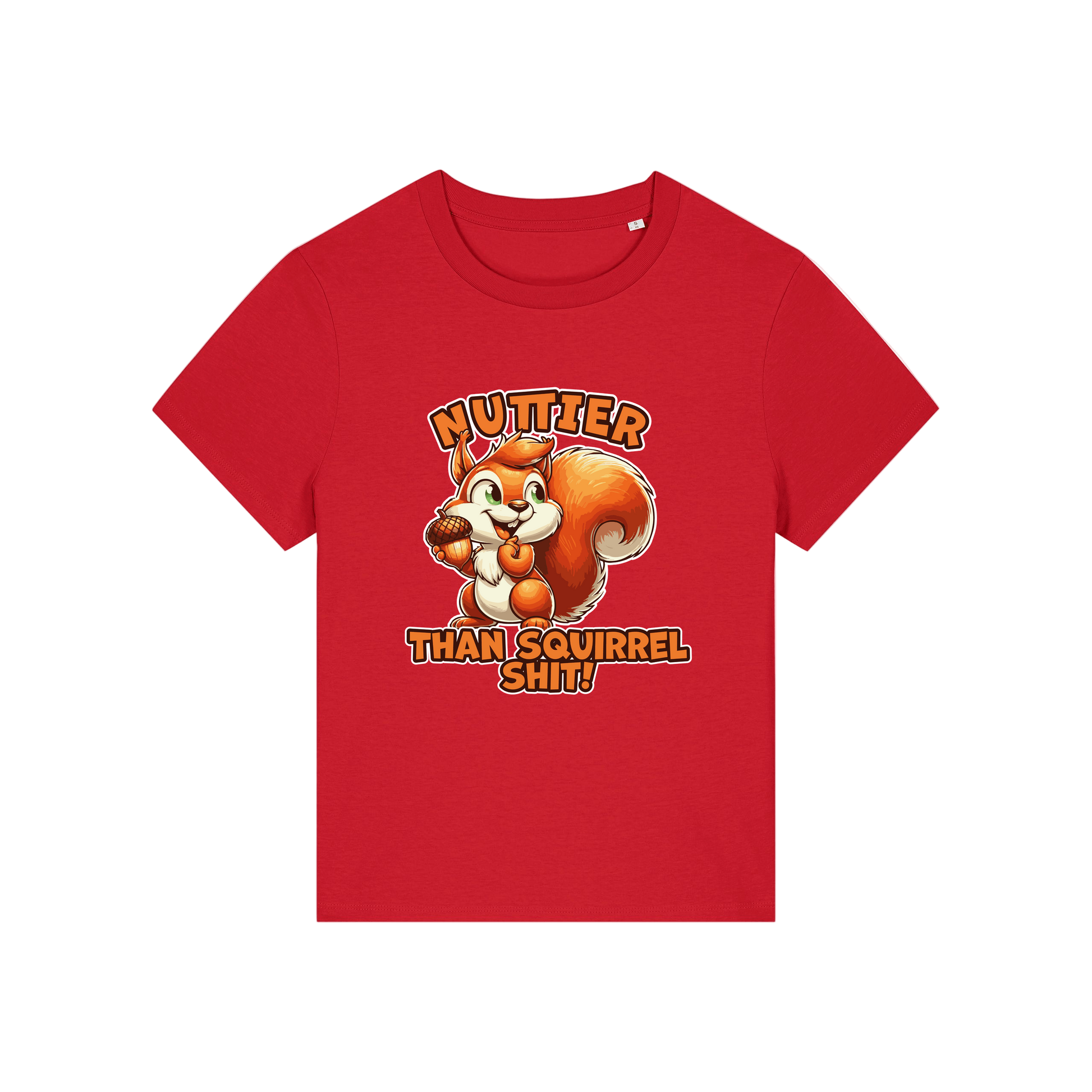 red funny animal t-shirt with the graphic of a squirrel and the slogan 'nuttier than squirrel shit'