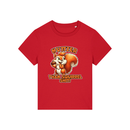 red funny animal t-shirt with the graphic of a squirrel and the slogan 'nuttier than squirrel shit'