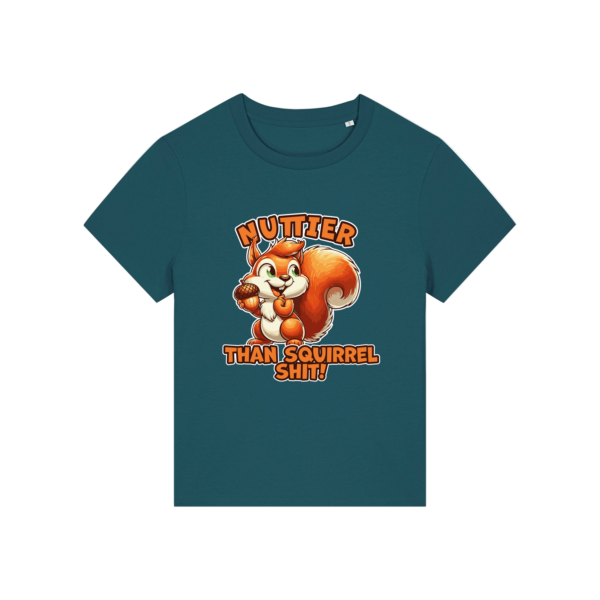 teal funny animal t-shirt with the graphic of a squirrel and the slogan 'nuttier than squirrel shit'