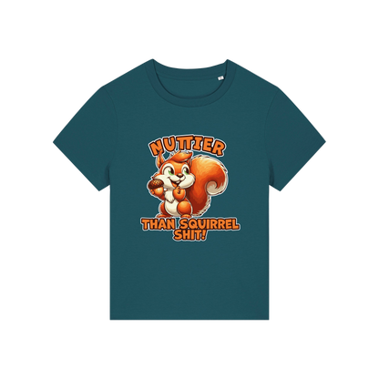 teal funny animal t-shirt with the graphic of a squirrel and the slogan 'nuttier than squirrel shit'