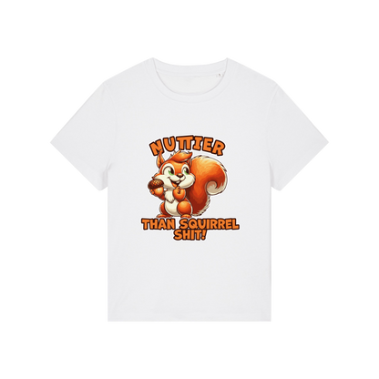 white funny animal t-shirt with the graphic of a squirrel and the slogan 'nuttier than squirrel shit'