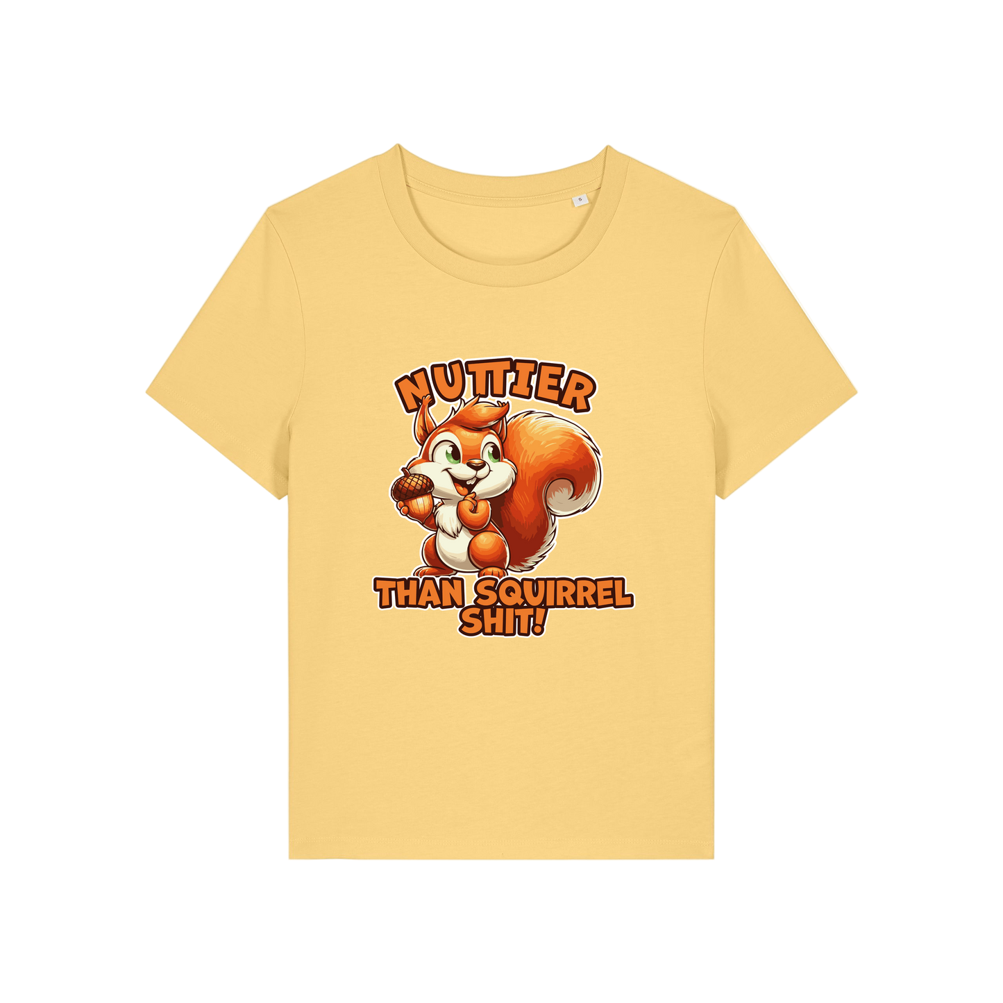yellow funny animal t-shirt with the graphic of a squirrel and the slogan 'nuttier than squirrel shit'