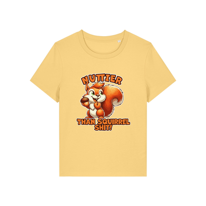 yellow funny animal t-shirt with the graphic of a squirrel and the slogan 'nuttier than squirrel shit'