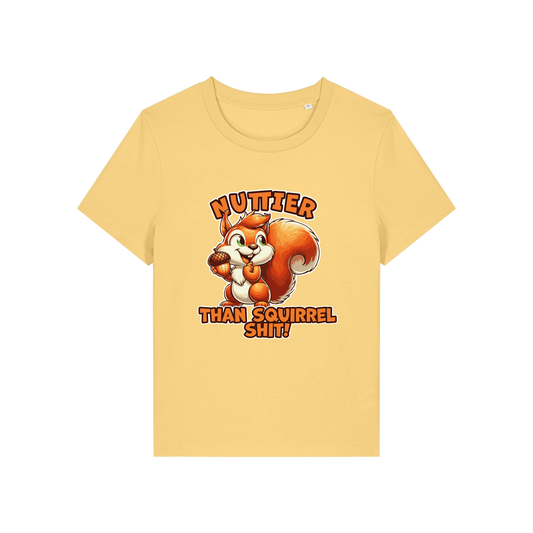 yellow funny animal t-shirt with the graphic of a squirrel and the slogan 'nuttier than squirrel shit'