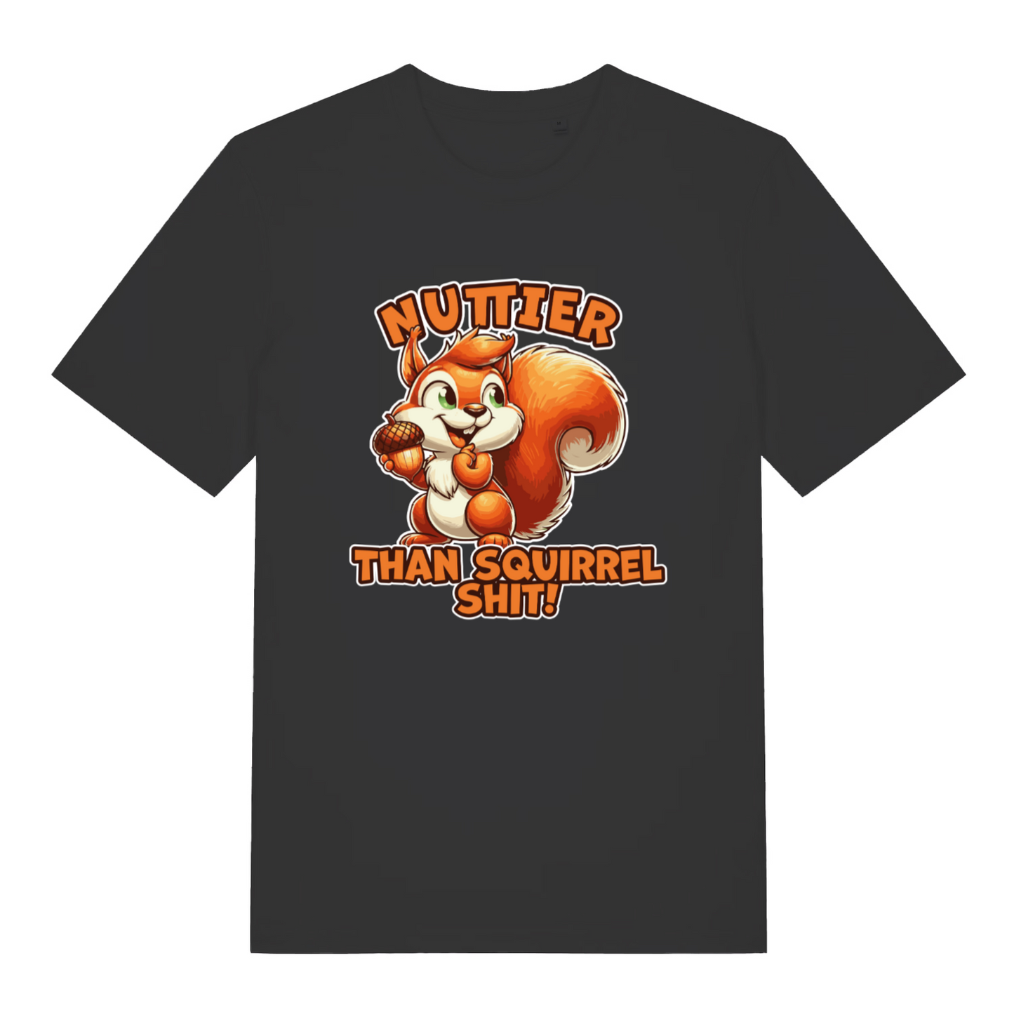 black funny animal t-shirt with the graphic of a squirrel and the slogan 'nuttier than squirrel shit'