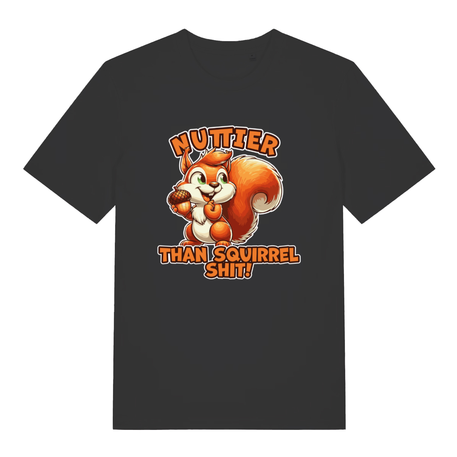 black funny animal t-shirt with the graphic of a squirrel and the slogan 'nuttier than squirrel shit'