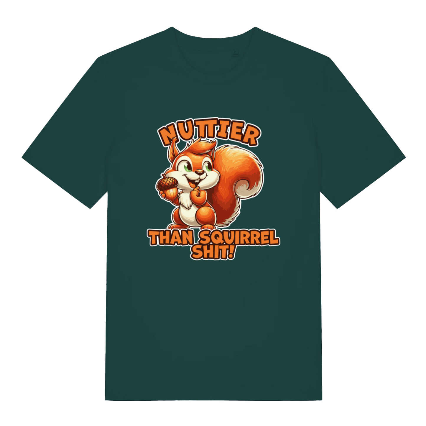 green funny animal t-shirt with the graphic of a squirrel and the slogan 'nuttier than squirrel shit'