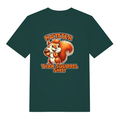 green funny animal t-shirt with the graphic of a squirrel and the slogan 'nuttier than squirrel shit'