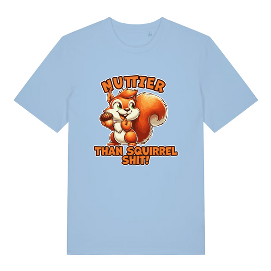 light blue funny animal t-shirt with the graphic of a squirrel and the slogan 'nuttier than squirrel shit'