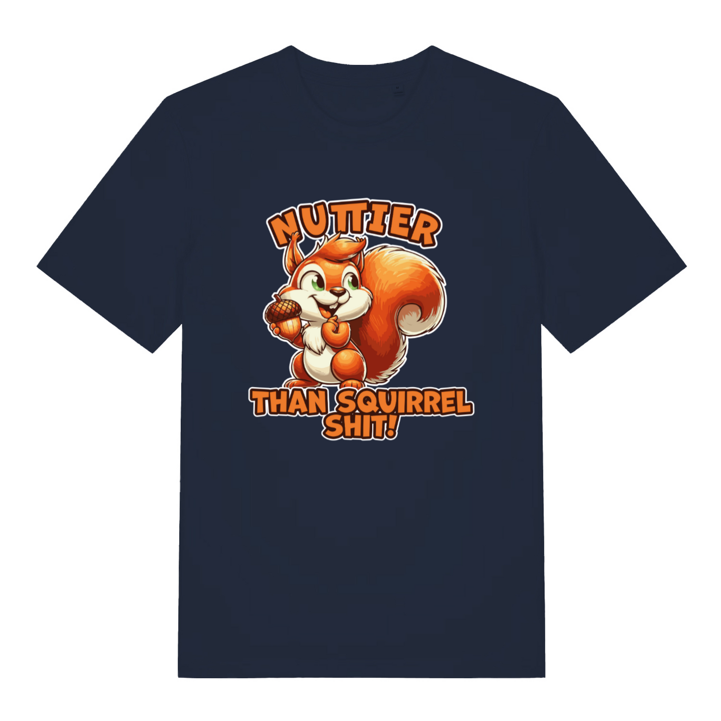 navy funny animal t-shirt with the graphic of a squirrel and the slogan 'nuttier than squirrel shit'