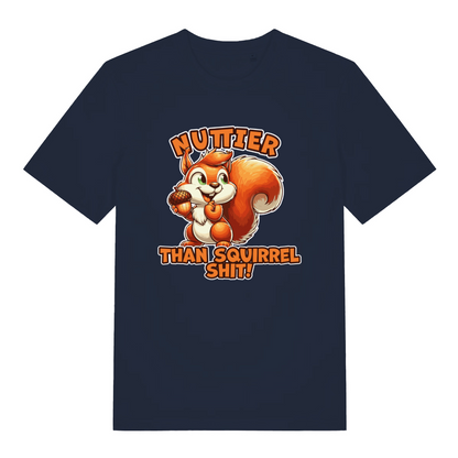 navy funny animal t-shirt with the graphic of a squirrel and the slogan 'nuttier than squirrel shit'