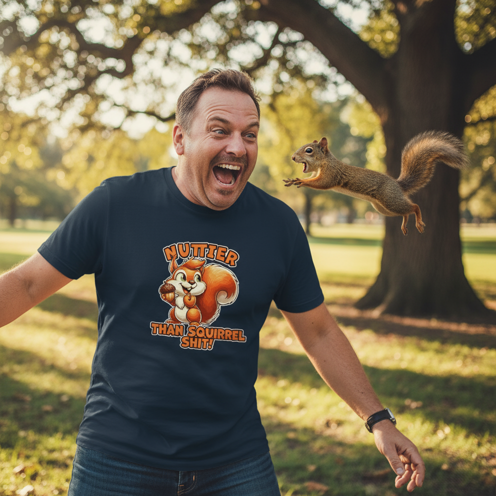 Man wearing a navy blue t-shirt with a squirrel graphic and text in a park