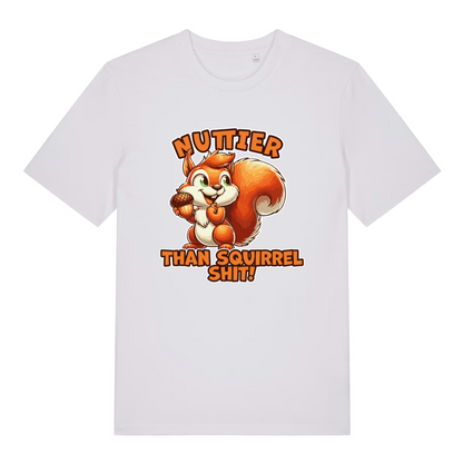 white funny animal t-shirt with the graphic of a squirrel and the slogan 'nuttier than squirrel shit'