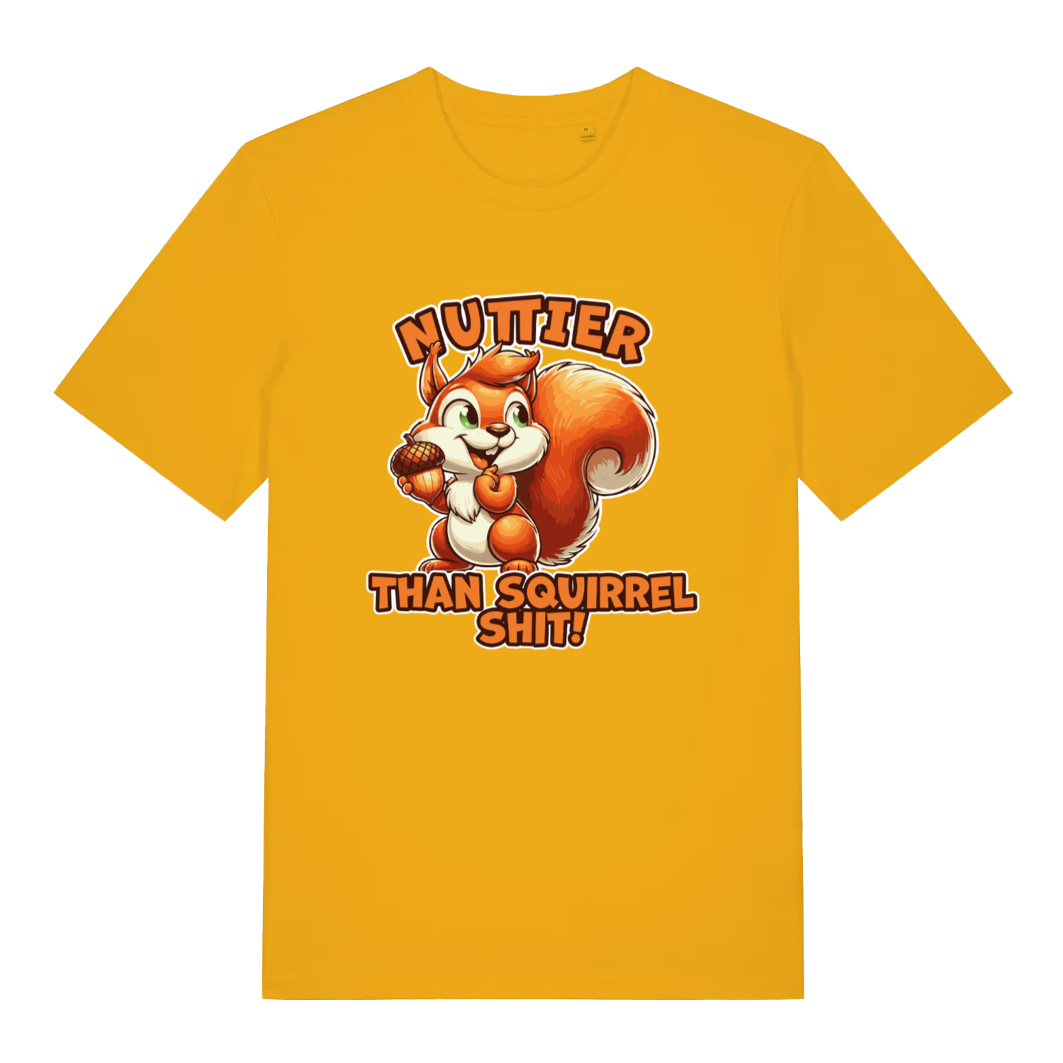yellow funny animal t-shirt with the graphic of a squirrel and the slogan 'nuttier than squirrel shit'