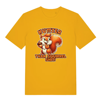 yellow funny animal t-shirt with the graphic of a squirrel and the slogan 'nuttier than squirrel shit'