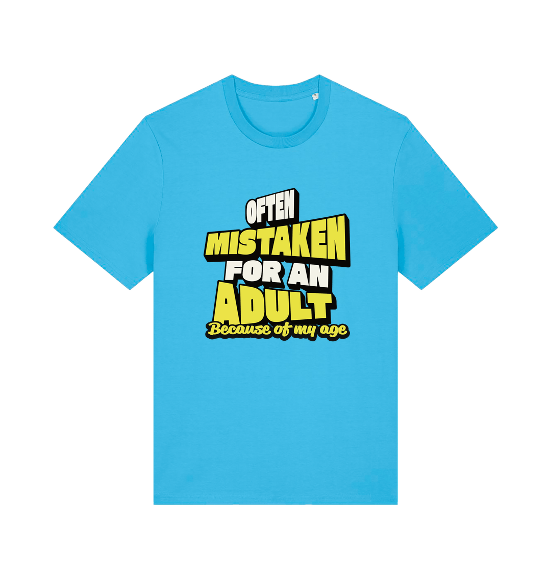 blue funny slogan t-shirt that reads 'often mistaken for an adult because of my age'