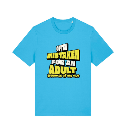 blue funny slogan t-shirt that reads 'often mistaken for an adult because of my age'