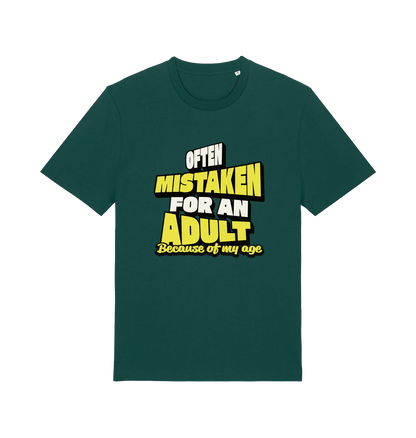 green funny slogan t-shirt that reads 'often mistaken for an adult because of my age'