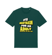 green funny slogan t-shirt that reads 'often mistaken for an adult because of my age'